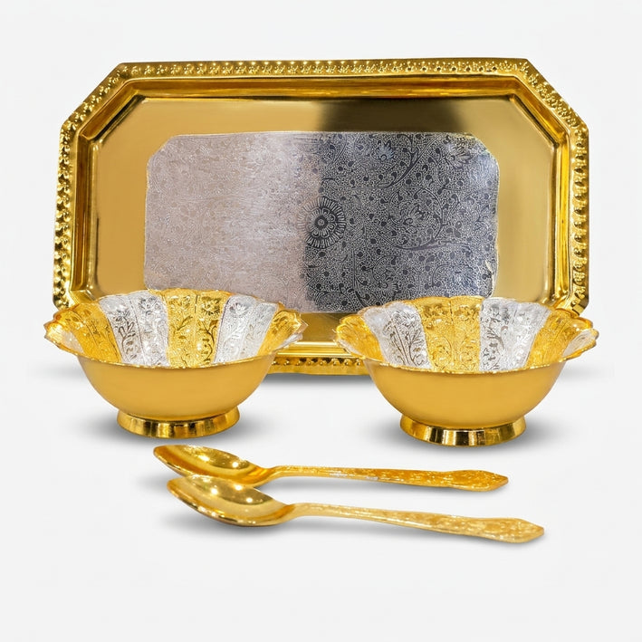 Golden Silver 2 Bowl Set with Box, Decorative Brass Serving Bowl Set for Dry Fruits, Sweets & Gifting