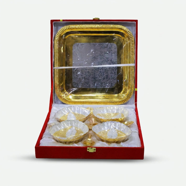 Golden Silver 4 Bowl Set with Box, Decorative Brass Serving Set for Dry Fruits, Sweets & Gifting