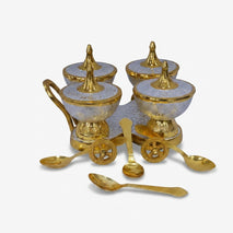 Golden Silver 4 Bowl Trolley Set with Spoons, Decorative Brass Serving Set for Dry Fruits & Gifting