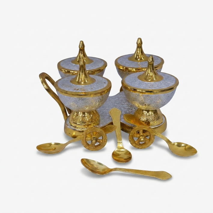 Golden Silver 4 Bowl Trolley Set with Spoons, Decorative Brass Serving Set for Dry Fruits & Gifting