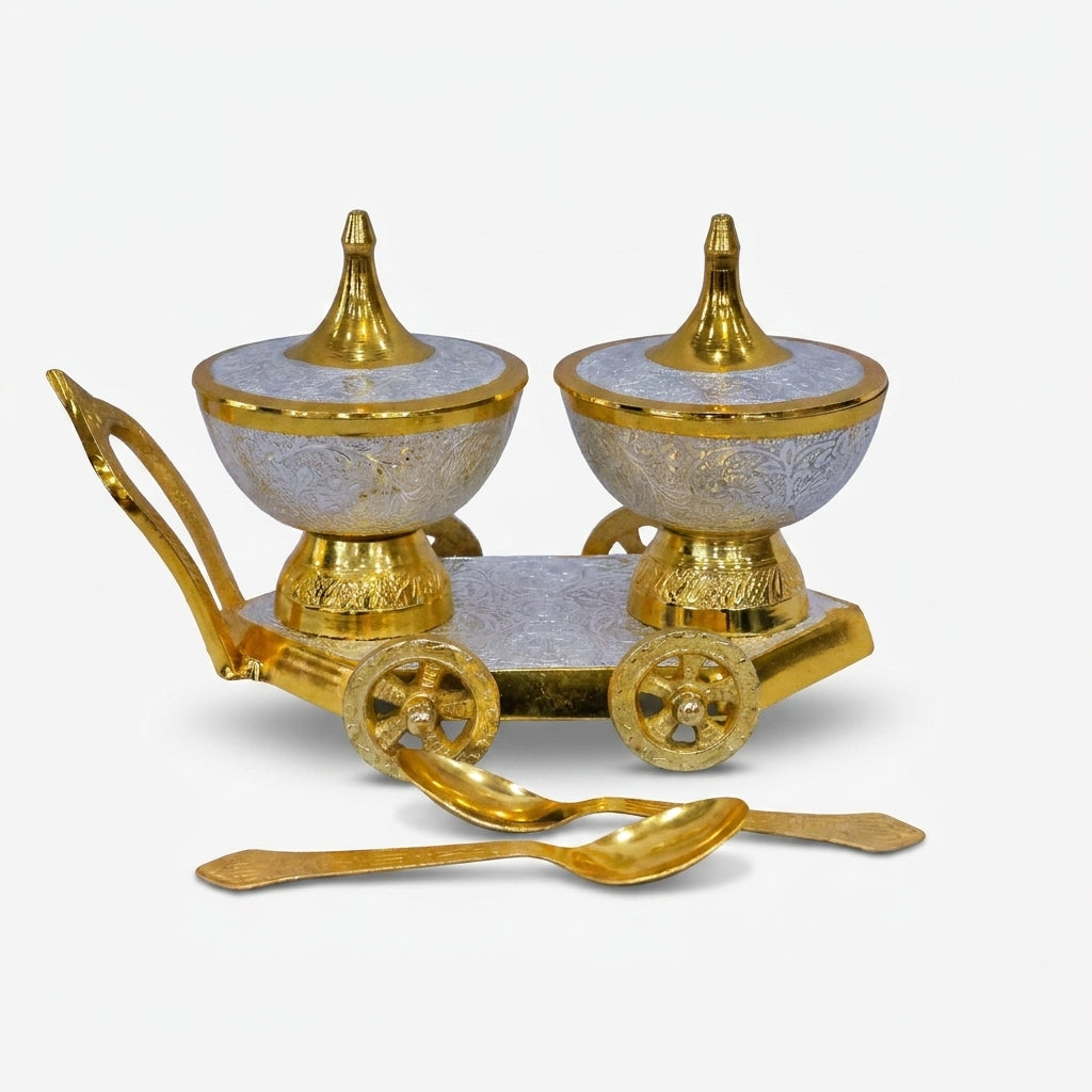 Golden Silver 2 Bowl Trolley Set with Spoons, Decorative Brass Serving Set for Dry Fruits & Snacks