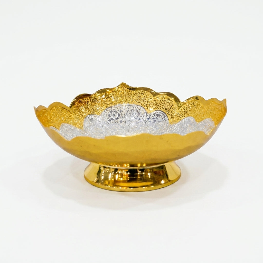 Golden Silver Decorative Bowl, Metal Serving Bowl for Dry Fruits, Sweets, Pooja & Home Décor