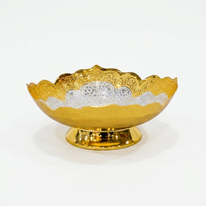 Golden Silver Decorative Bowl, Metal Serving Bowl for Dry Fruits, Sweets, Pooja & Home Décor