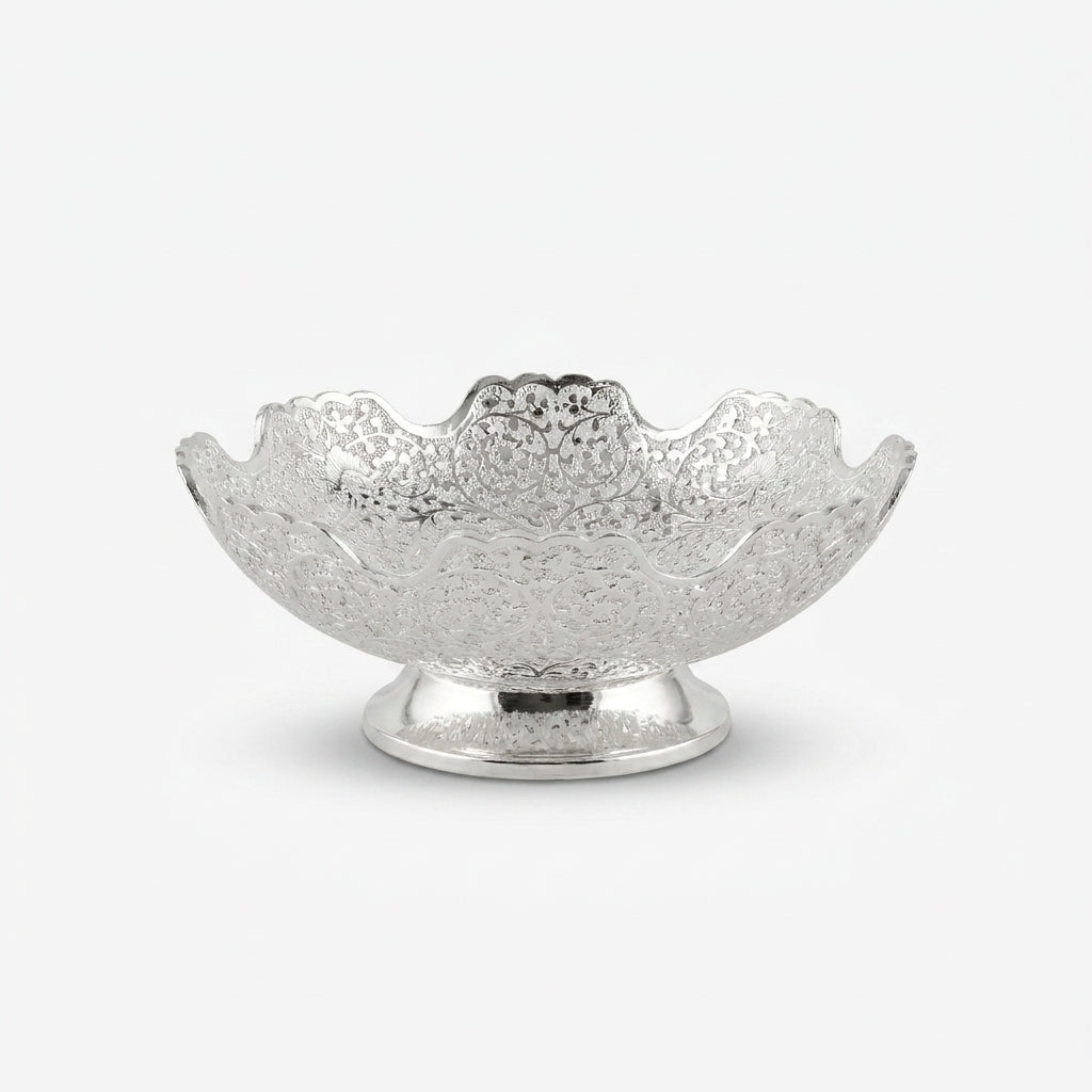 Silver Decorative Bowl, Brass Serving Bowl for Dry Fruits, Sweets, Prasad, Table Décor & Gifting
