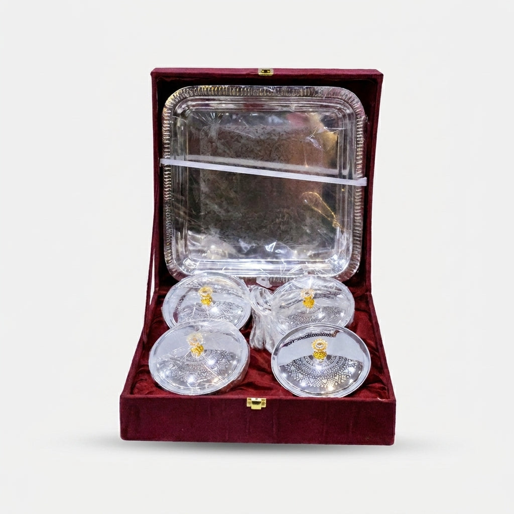 Silver Brass 4 Bowl Set with Box, Decorative Serving Bowl Set for Dry Fruits, Sweets & Festive Gifting