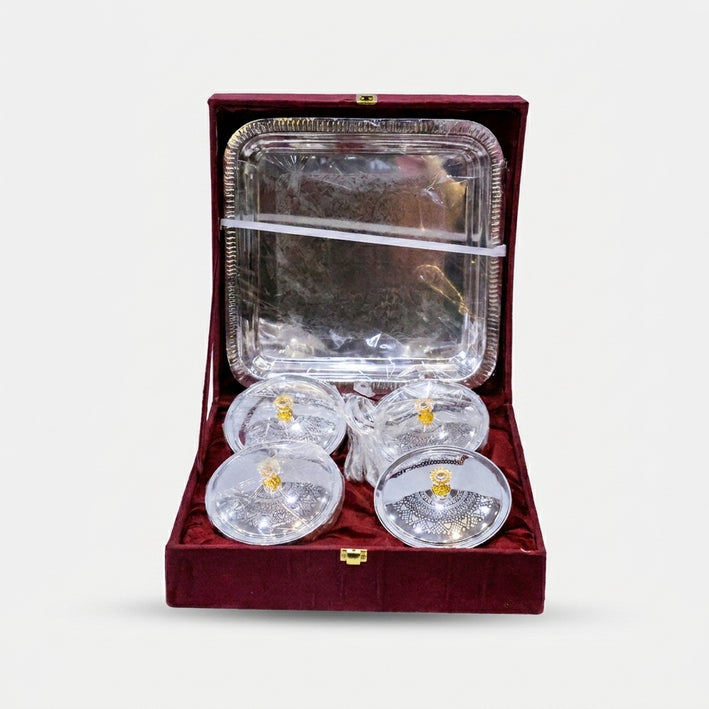Silver Brass 4 Bowl Set with Box, Decorative Serving Bowl Set for Dry Fruits, Sweets & Festive Gifting