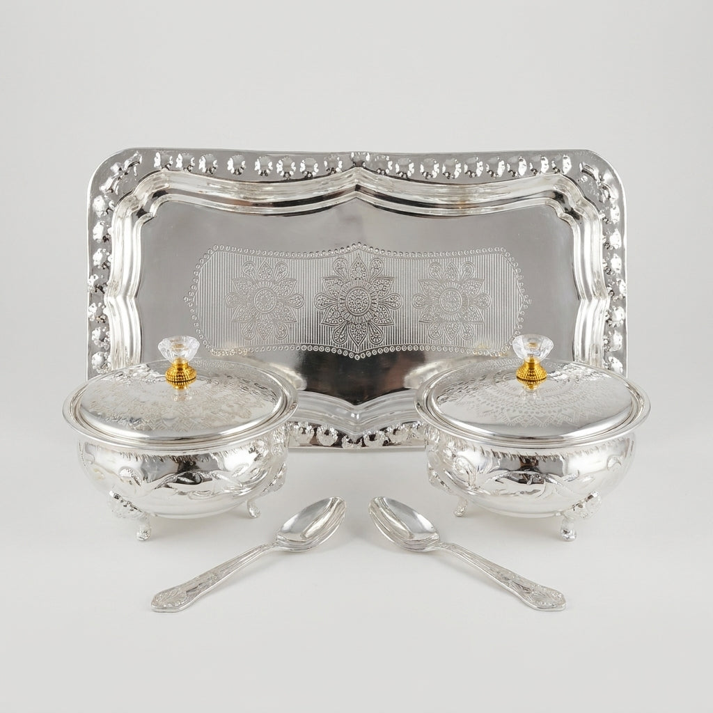 Silver Finish 2 Bowl Set with Tray & Spoons, Decorative Serving Set for Sweets, Dry Fruits & Gifting