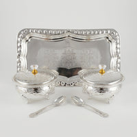 Silver Finish 2 Bowl Set with Tray & Spoons, Decorative Serving Set for Sweets, Dry Fruits & Gifting