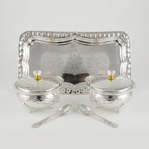 Silver Finish 2 Bowl Set with Tray & Spoons, Decorative Serving Set for Sweets, Dry Fruits & Gifting