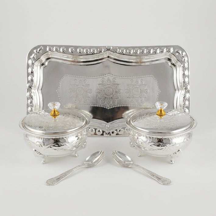 Silver Finish 2 Bowl Set with Tray & Spoons, Decorative Serving Set for Sweets, Dry Fruits & Gifting