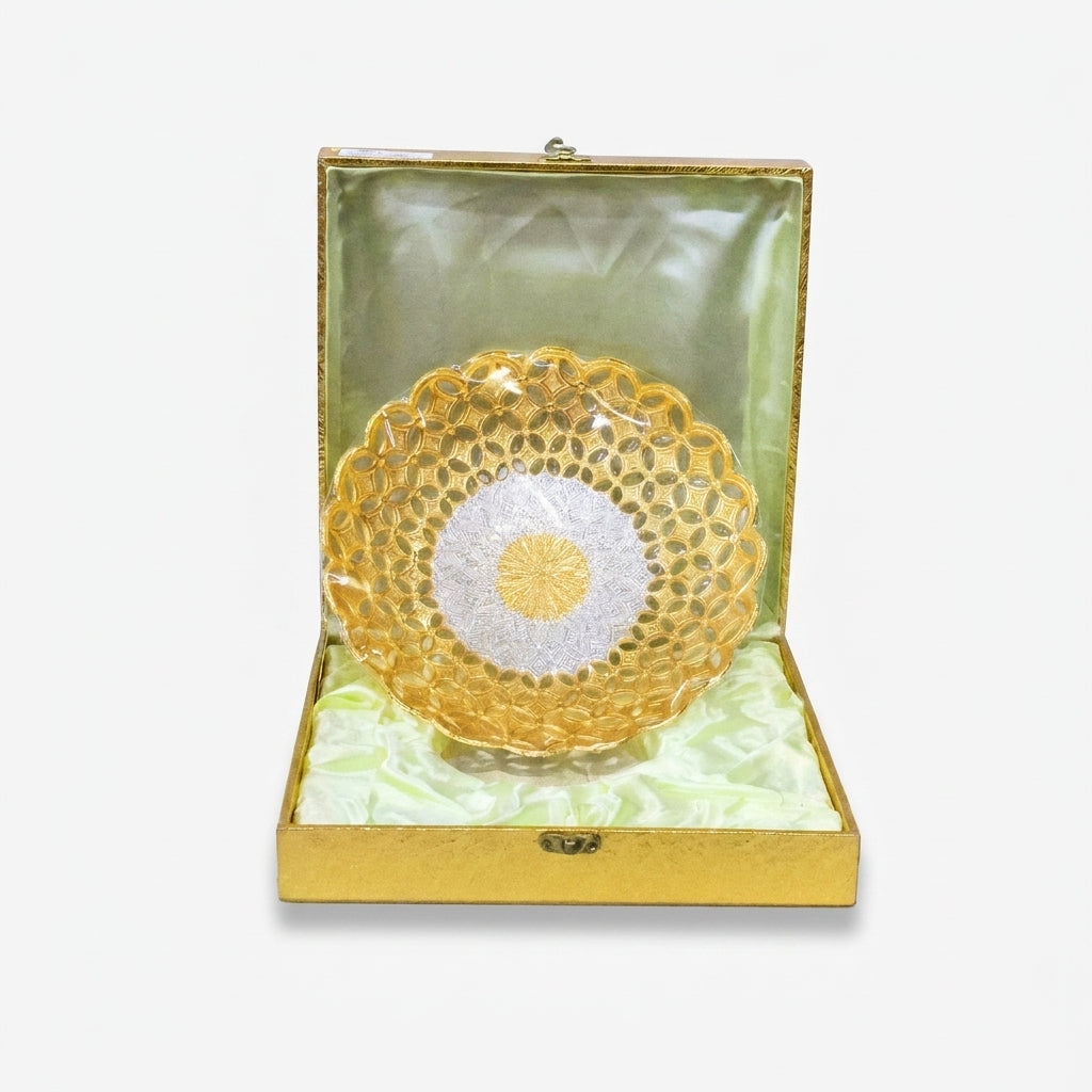 Big Golden Silver Decorative Bowl, Brass Serving Bowl for Dry Fruits, Sweets, Prasad & Gifting