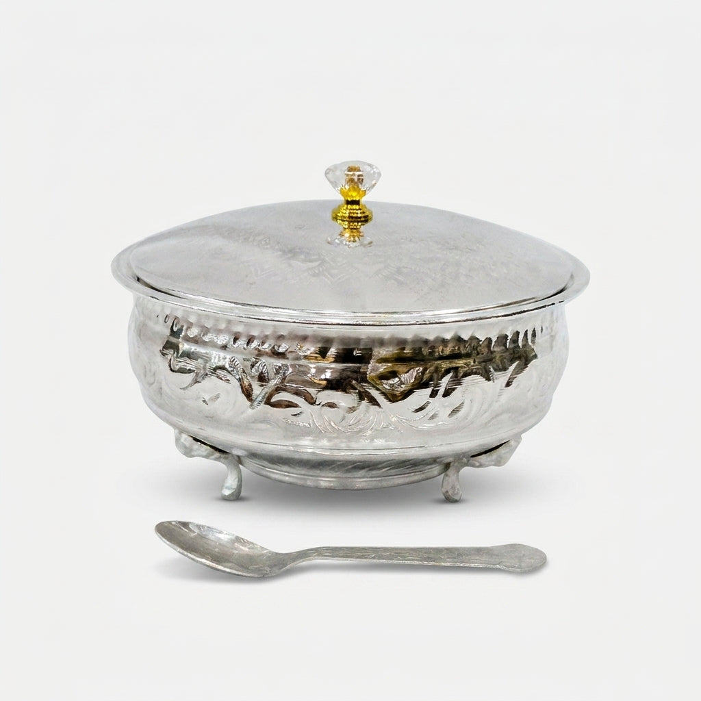 Silver Finish Decorative Bowl with Lid & Spoon, Premium Serving Bowl for Sweets, Dry Fruits & Gifting