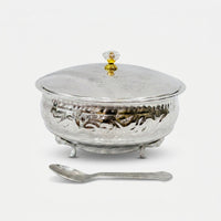 Silver Finish Decorative Bowl with Lid & Spoon, Premium Serving Bowl for Sweets, Dry Fruits & Gifting