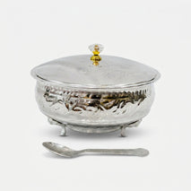 Silver Finish Decorative Bowl with Lid & Spoon, Premium Serving Bowl for Sweets, Dry Fruits & Gifting