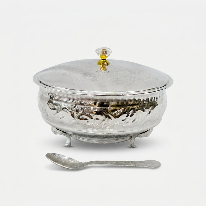 Silver Finish Decorative Bowl with Lid & Spoon, Premium Serving Bowl for Sweets, Dry Fruits & Gifting