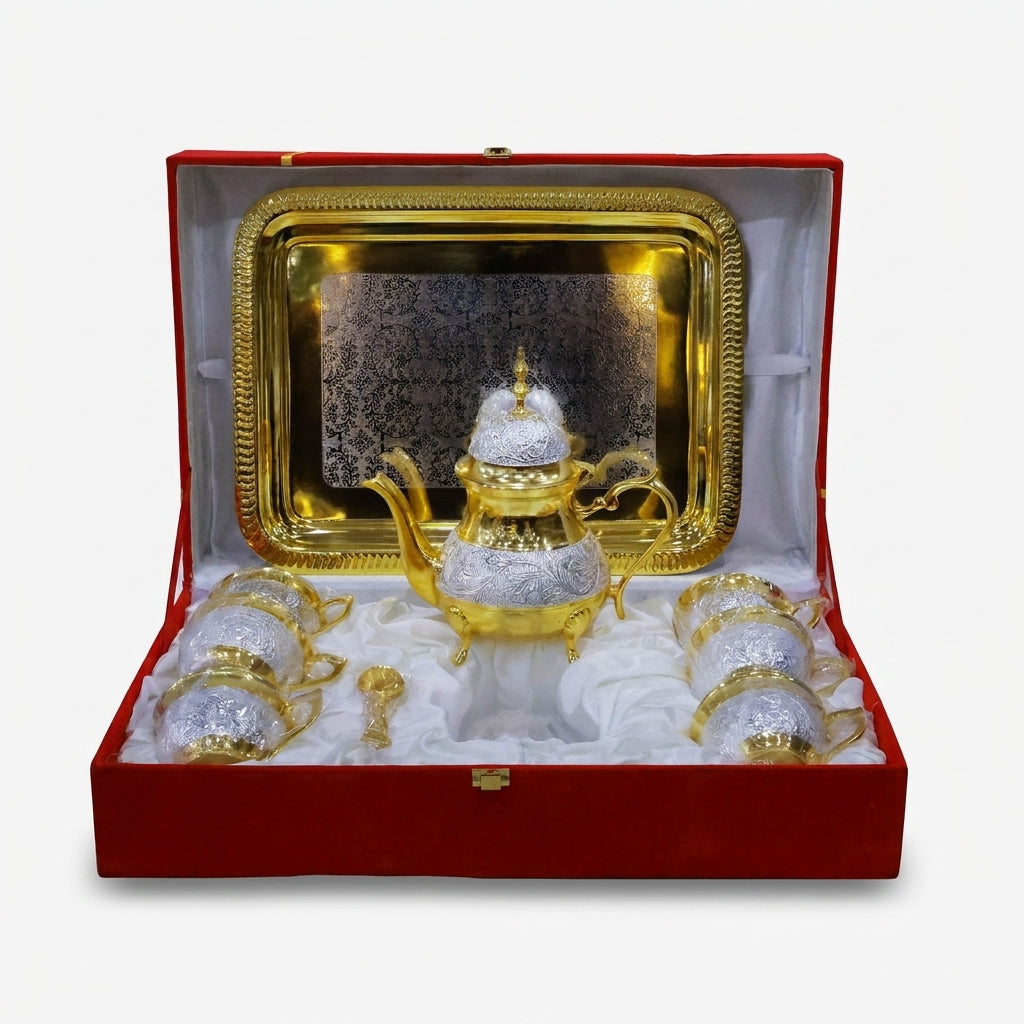 Golden Silver 9 Piece Tea Set with Box, Decorative Brass Tea Serving Set for Dining & Gifting