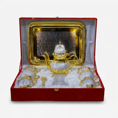 Golden Silver 9 Piece Tea Set with Box, Decorative Brass Tea Serving Set for Dining & Gifting