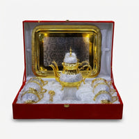 Golden Silver 9 Piece Tea Set with Box, Decorative Brass Tea Serving Set for Dining & Gifting
