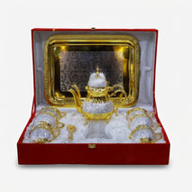 Golden Silver 9 Piece Tea Set with Box, Decorative Brass Tea Serving Set for Dining & Gifting