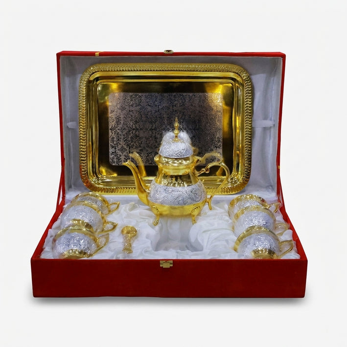 Golden Silver 9 Piece Tea Set with Box, Decorative Brass Tea Serving Set for Dining & Gifting
