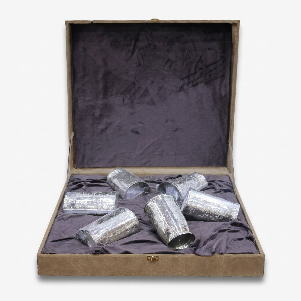 6 Glass Set with Premium Gift Box, Silver Finish Engraved Drinkware Set for Serving & Gifting