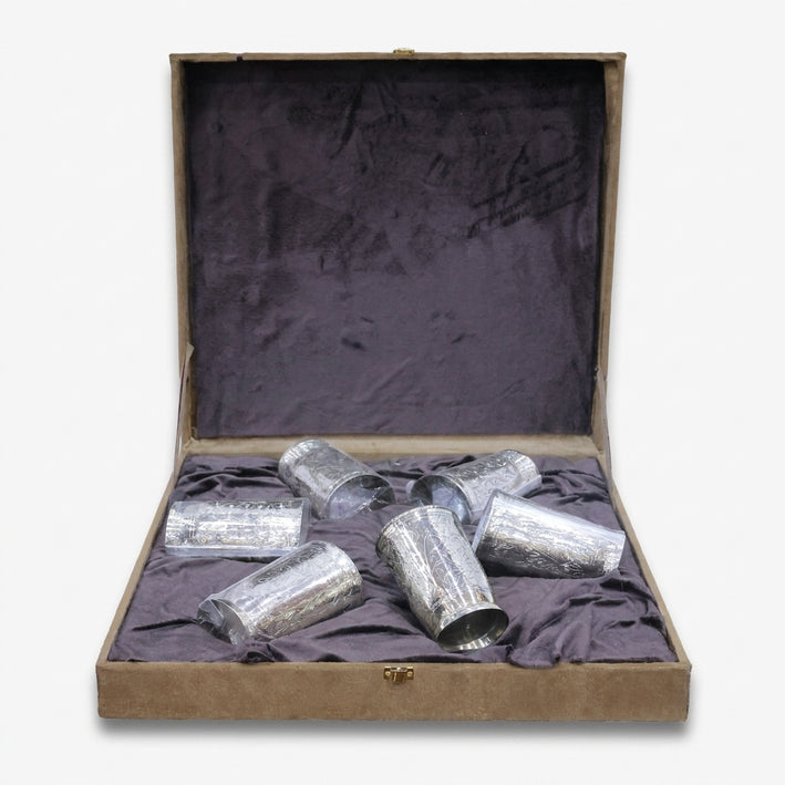 6 Glass Set with Premium Gift Box, Silver Finish Engraved Drinkware Set for Serving & Gifting