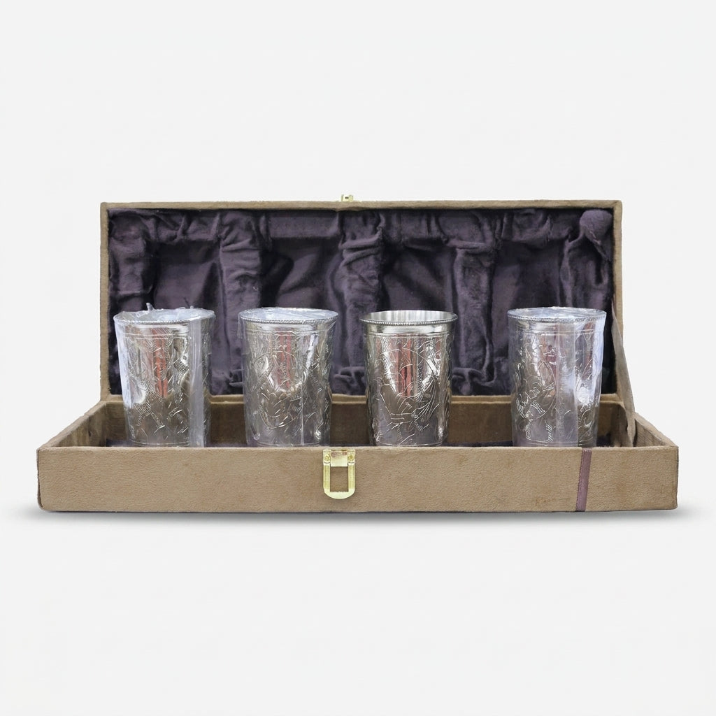 4 Glass Set with Premium Gift Box, Silver Finish Engraved Drinkware Set for Serving & Gifting