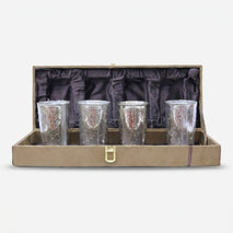 4 Glass Set with Premium Gift Box, Silver Finish Engraved Drinkware Set for Serving & Gifting