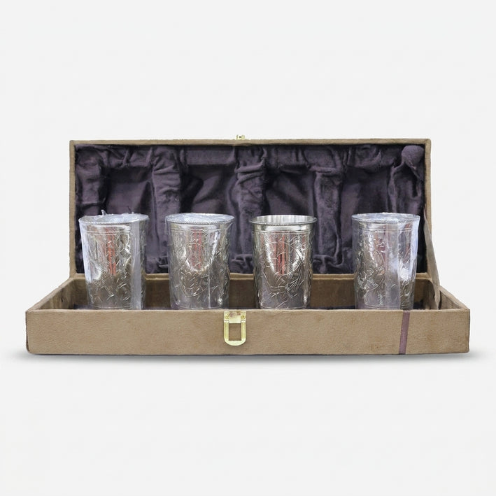 4 Glass Set with Premium Gift Box, Silver Finish Engraved Drinkware Set for Serving & Gifting