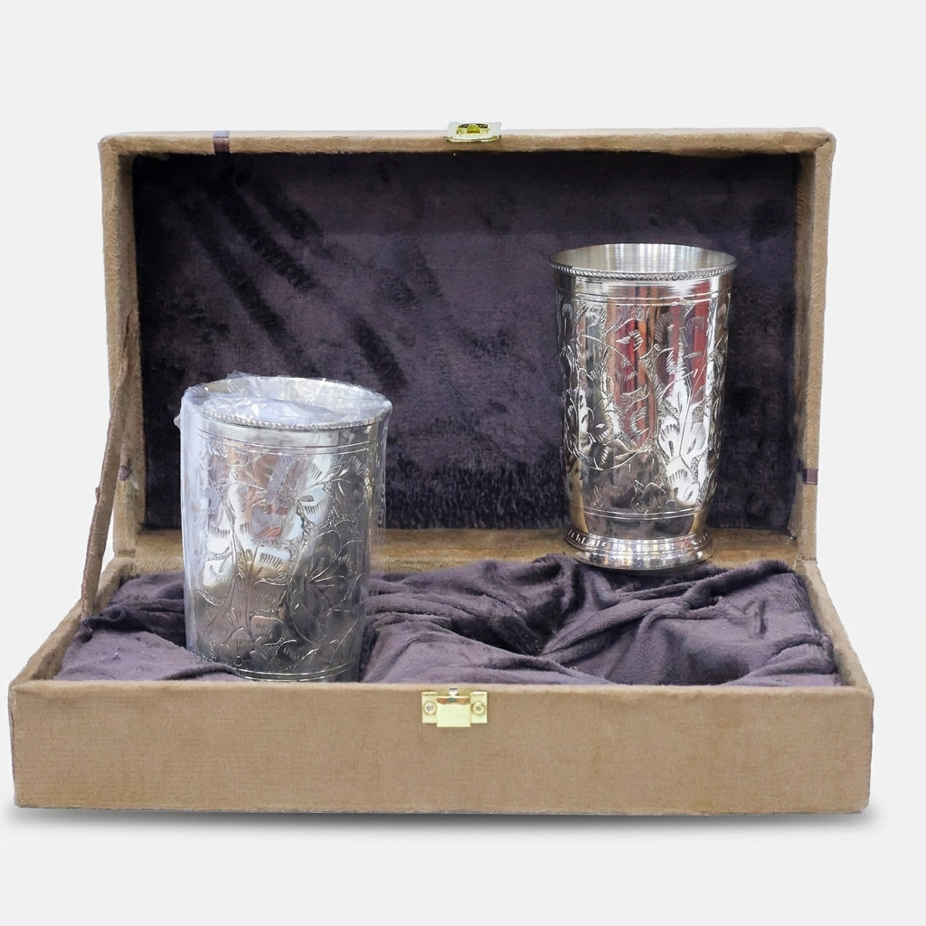 2 Glass Set with Premium Gift Box, Silver Finish Engraved Drinkware for Serving & Gifting