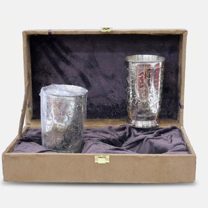 2 Glass Set with Premium Gift Box, Silver Finish Engraved Drinkware for Serving & Gifting