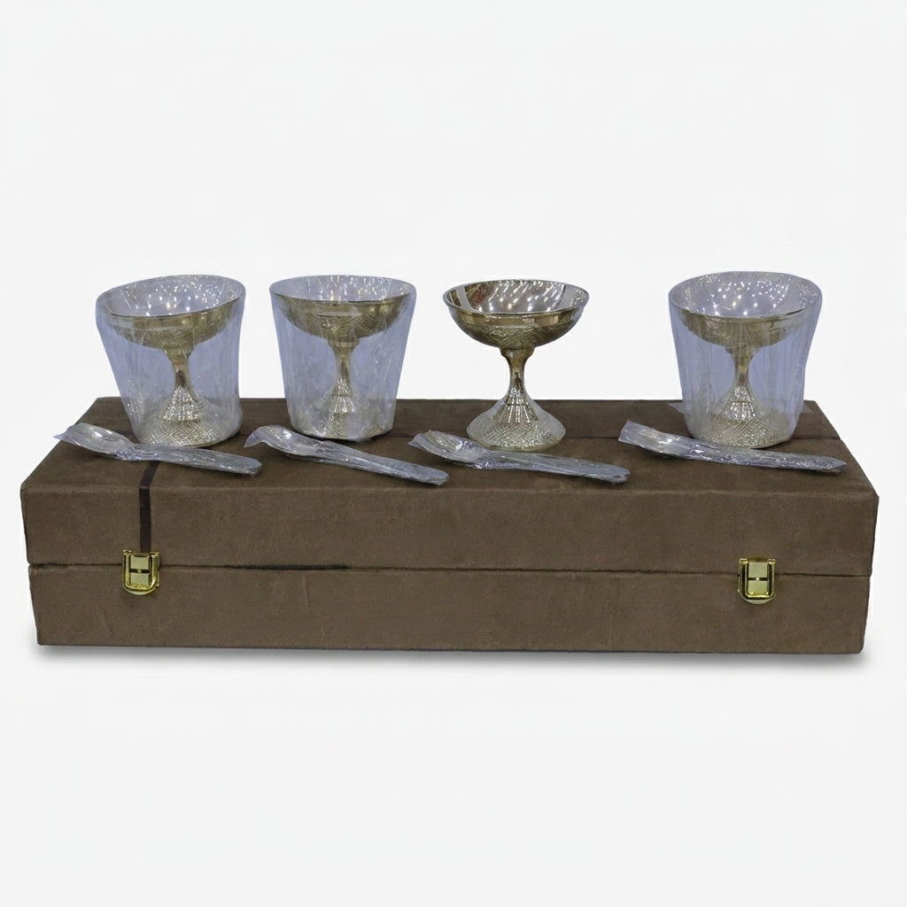 4 Cup Set with Spoon & Premium Gift Box, Golden Finish Dessert Bowl Set for Serving & Gifting