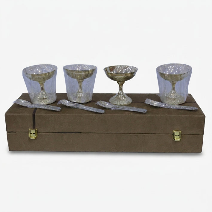 4 Cup Set with Spoon & Premium Gift Box, Golden Finish Dessert Bowl Set for Serving & Gifting