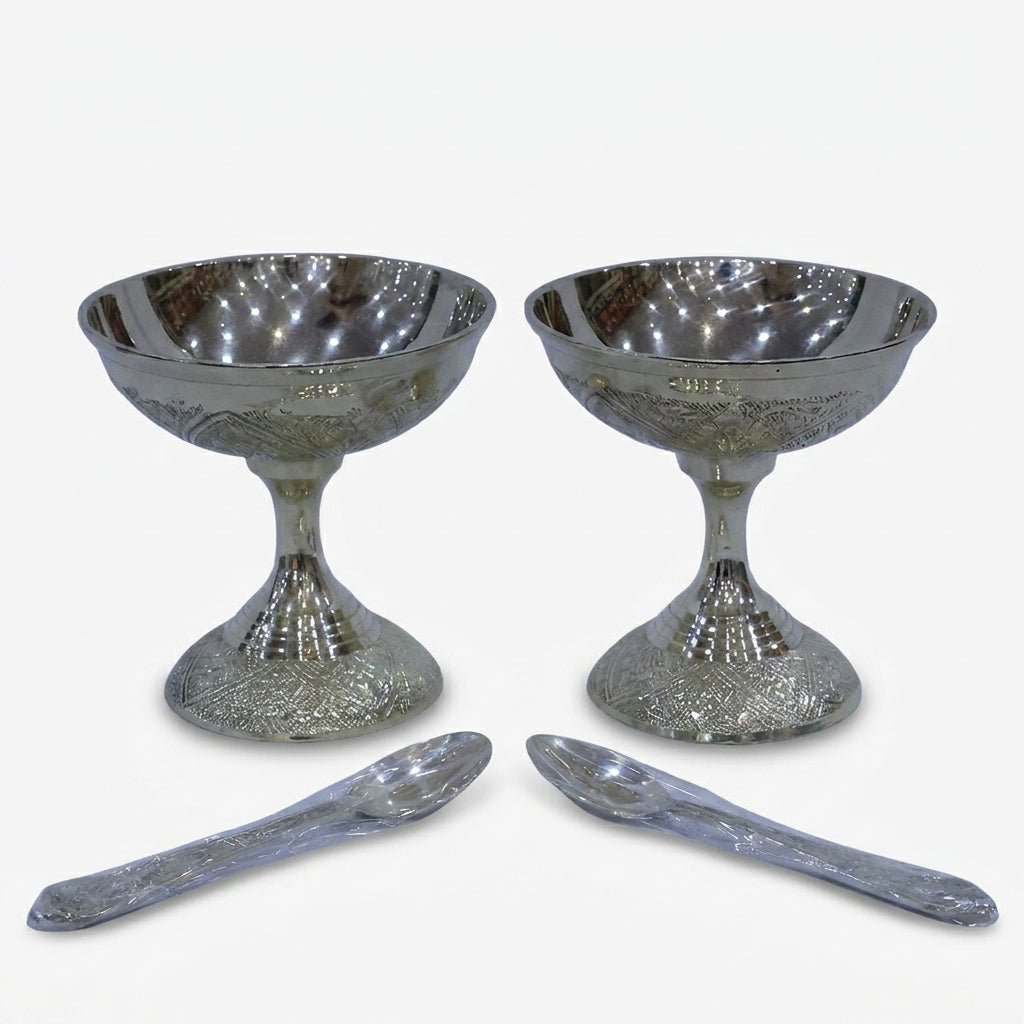 2 Cup Set with Spoon, Golden Finish Dessert Serving Set with Premium Gift Box