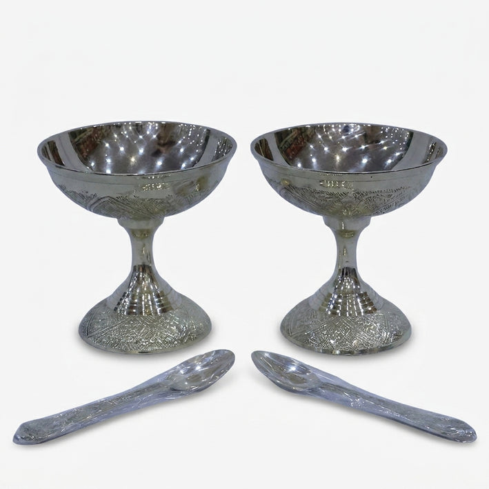 2 Cup Set with Spoon, Golden Finish Dessert Serving Set with Premium Gift Box