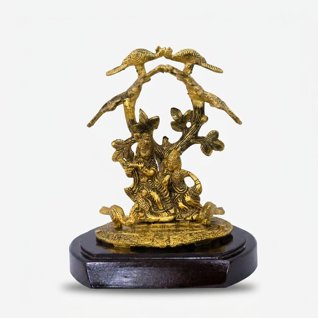 Radha Krishna Idol with Tree & Peacock Stand, Golden Finish Decorative Murti for Home Temple & Gifting