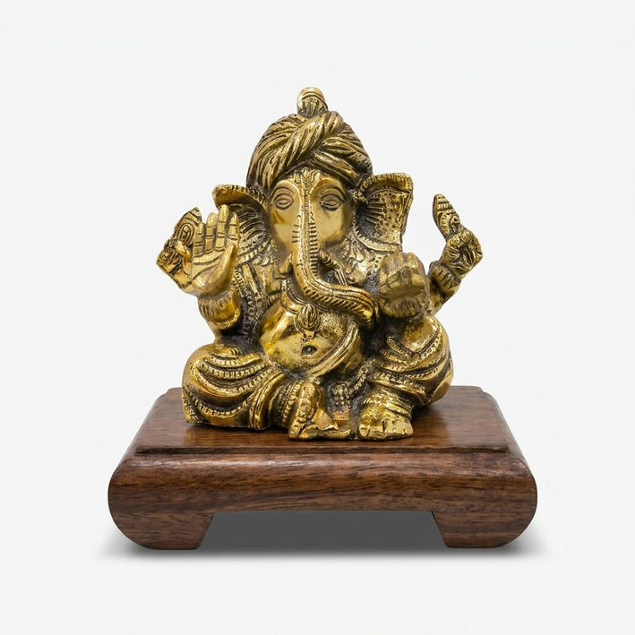 Pagdi Ganesha Idol with Wooden Base, Golden Finish Decorative Murti for Home Temple & Gifting