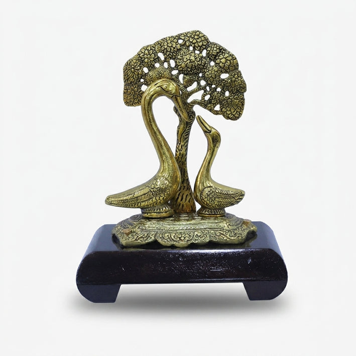 Golden Swan Couple with Tree Showpiece, Decorative Brass Figurine with Stand for Home Décor & Gifting
