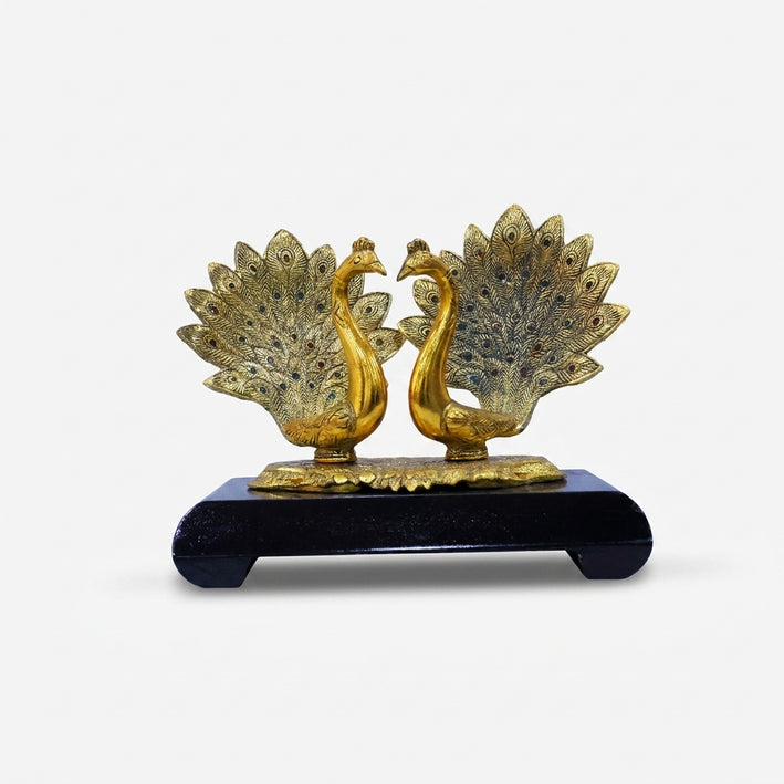 Golden Double Peacock Showpiece with Stand, Decorative Brass Peacock Figurine for Home Décor & Gifting