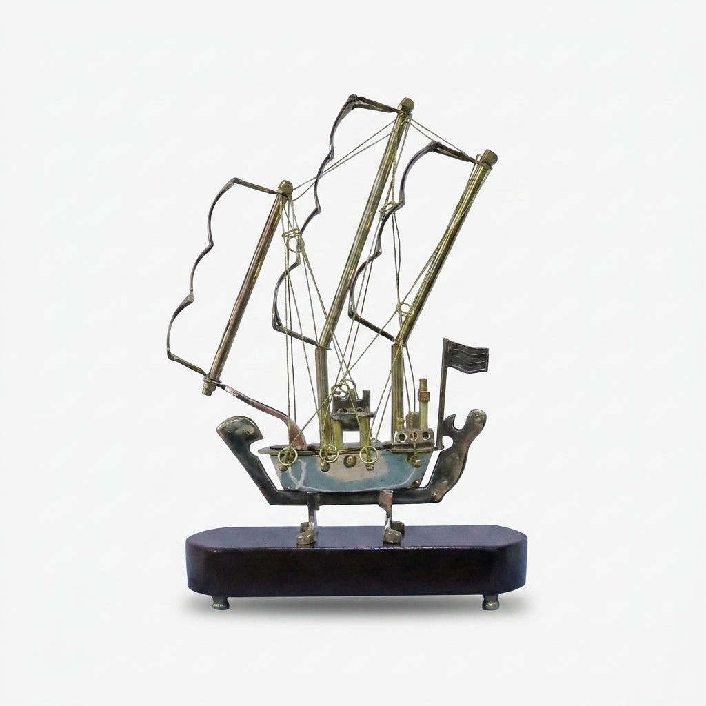 Golden Brass Ship Showpiece, Decorative Sailboat Model with Stand for Home Décor, Office Table & Gifting