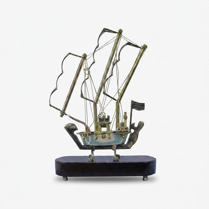 Golden Brass Ship Showpiece, Decorative Sailboat Model with Stand for Home Décor, Office Table & Gifting