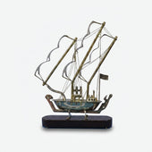 Large Golden Brass Ship Showpiece, Decorative Sailboat Model with Stand for Home, Office & Gifting