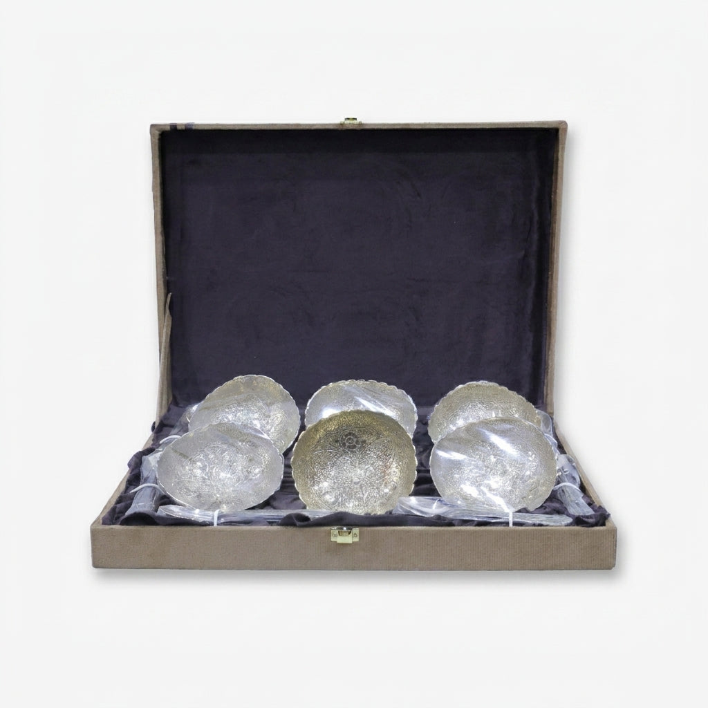 Golden 3D Bowl Set with Spoon and Box, Decorative Brass Serving Bowl Set for Dry Fruits, Sweets & Gifting