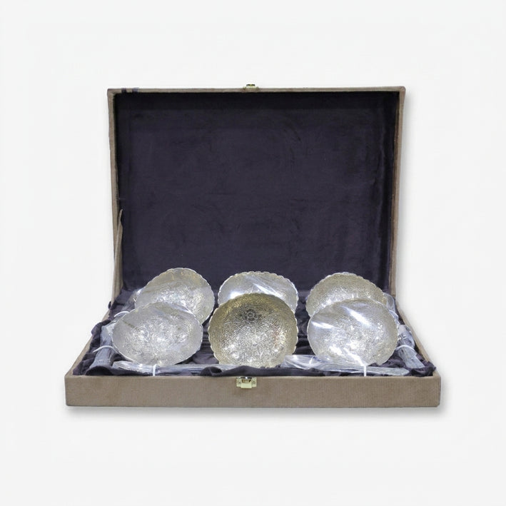 Golden 3D Bowl Set with Spoon and Box, Decorative Brass Serving Bowl Set for Dry Fruits, Sweets & Gifting