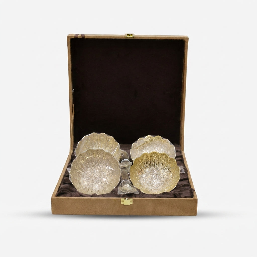 Golden Finish Lotus Bowl Set with Spoons & Premium Gift Box for Dessert Serving & Gifting