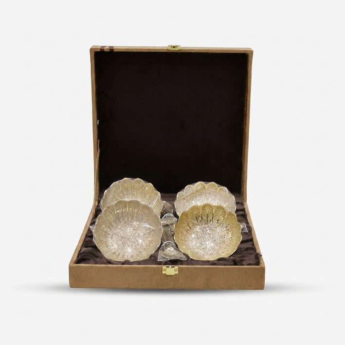 Golden Finish Lotus Bowl Set with Spoons & Premium Gift Box for Dessert Serving & Gifting