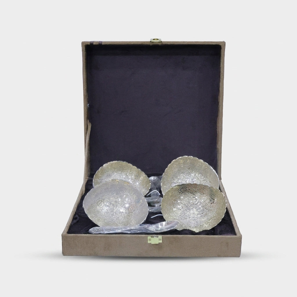 Golden Finish 3D Bowl Set with Spoons & Premium Gift Box for Sweets, Desserts & Gifting