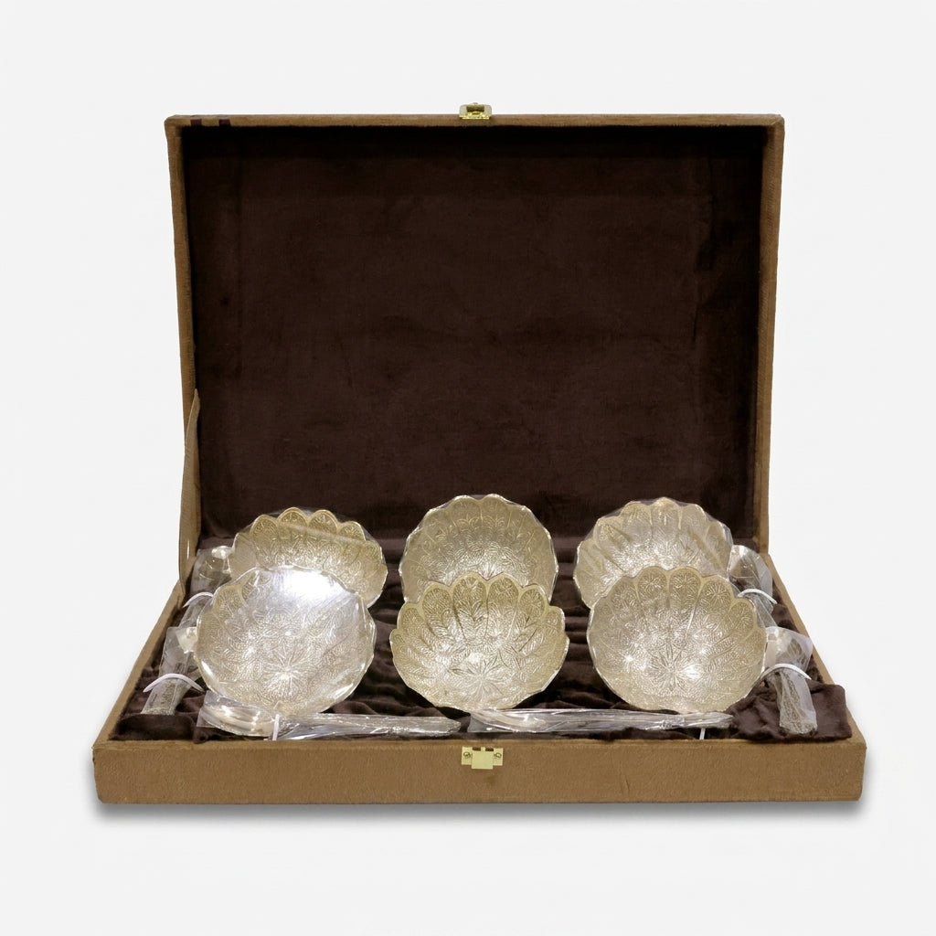 Golden Lotus Bowl Set with Spoon and Box, Decorative Brass Serving Bowl Set for Dry Fruits & Sweets