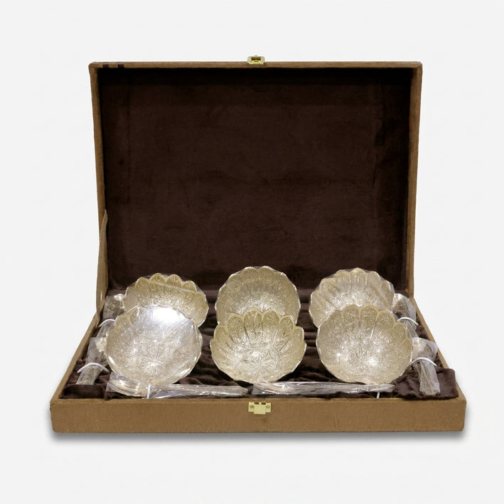 Golden Lotus Bowl Set with Spoon and Box, Decorative Brass Serving Bowl Set for Dry Fruits & Sweets