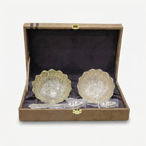 Golden Finish Lotus Bowl Set with Spoons & Gift Box for Dessert Serving, Sweets & Gifting